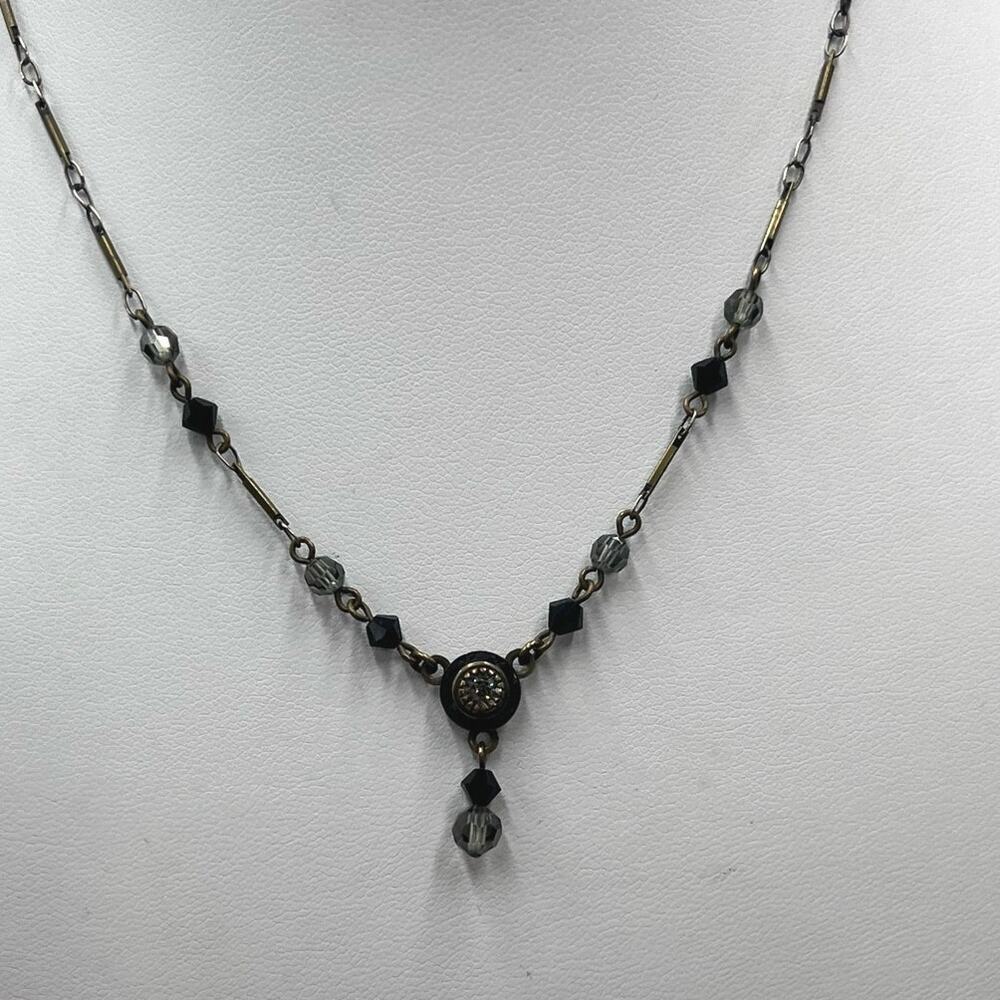 Liz Palacios SF Signed Vintage Black Gray Crystal Y‎ Drop Antique Gold Necklace